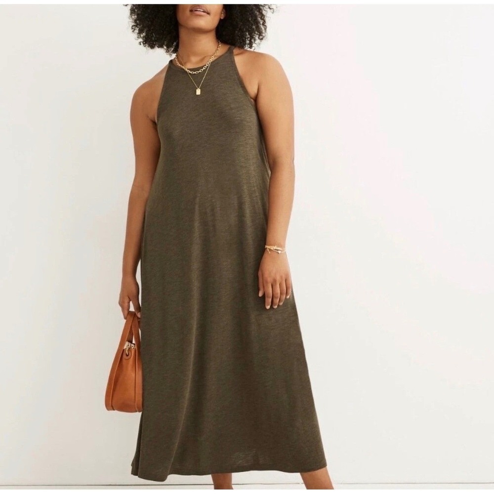 Madewell High Neck Midi Dress Olive Green Heathered Knit Coastal Cowgirl Medium